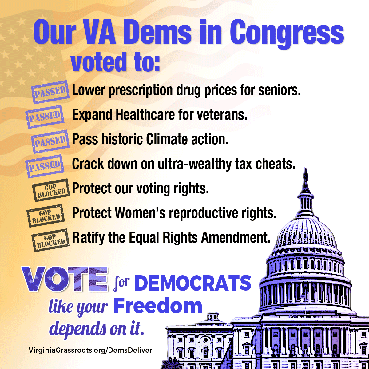 Virginia Democrats ALL voted for healthcare, clean energy, Veteran's benefits, and other legislation that will improve people's lives.